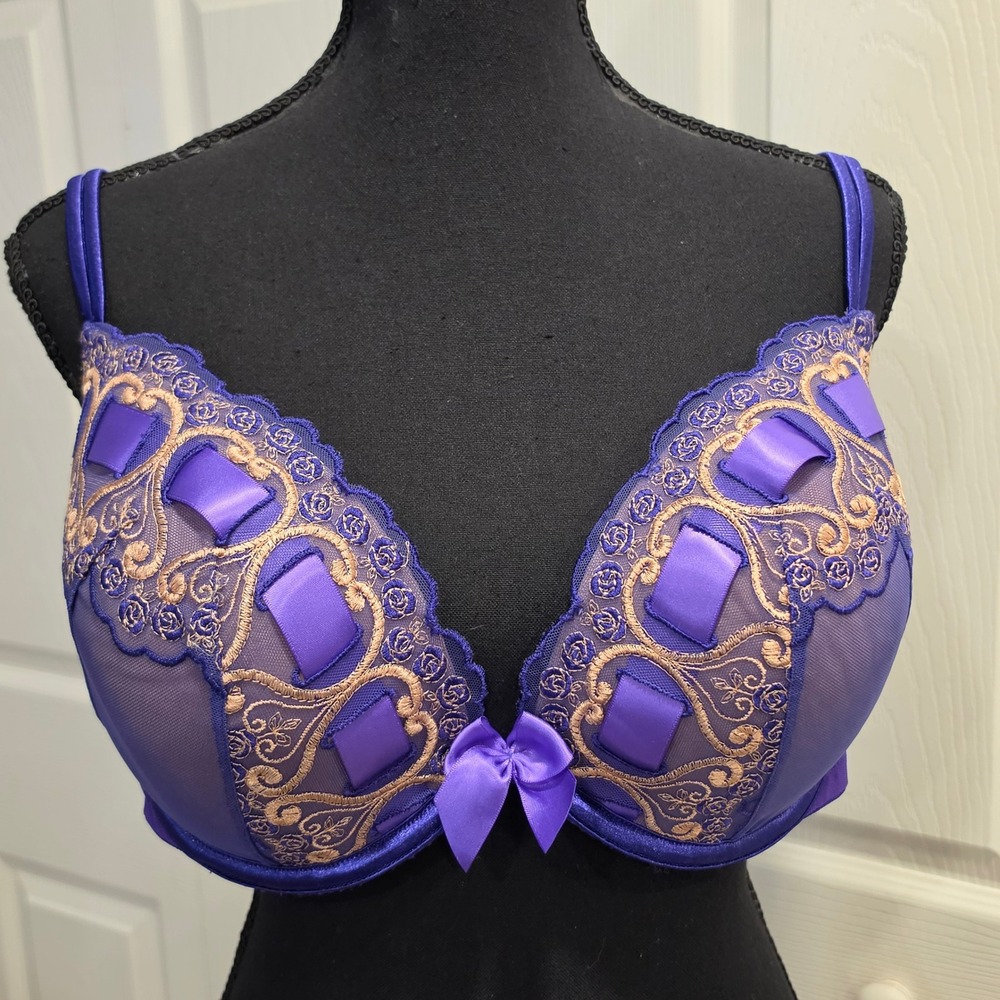 Cacique Lane Bryant 44C Purple Gold Embroidered Ribbon Mesh Balconette Bra